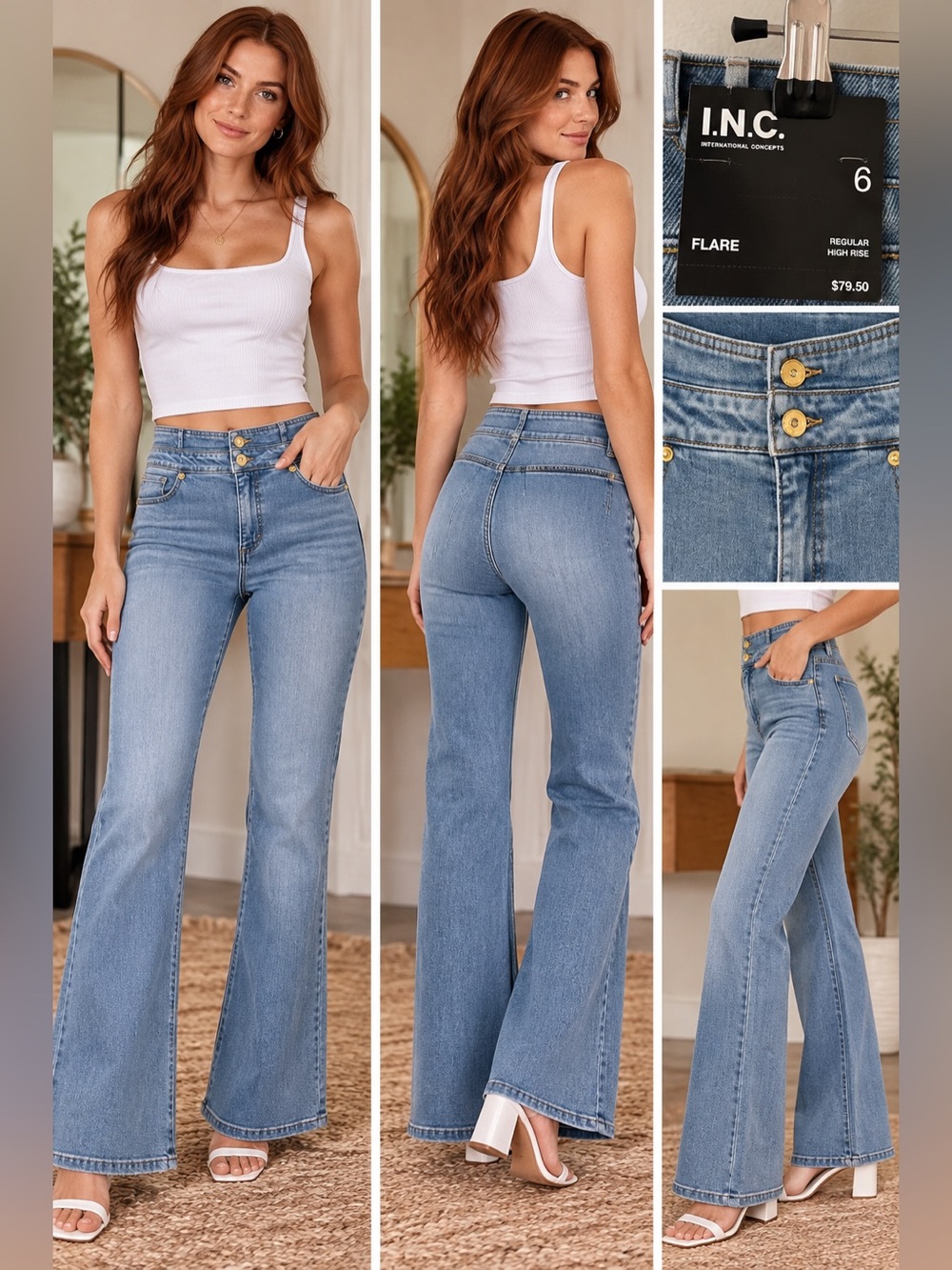 INC International Concepts Light Blue High-Rise Flare Jeans 14w 12r 32L
